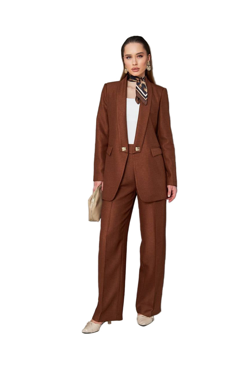 a lady wearing a brown suit