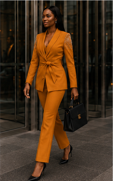Model in the gamboge Power Play Suit—embellished belted blazer with matching straight-leg trousers