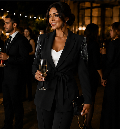 Woman wearing the black Power Play Suit with crystal-embellished sleeve and self-tie belted blazer