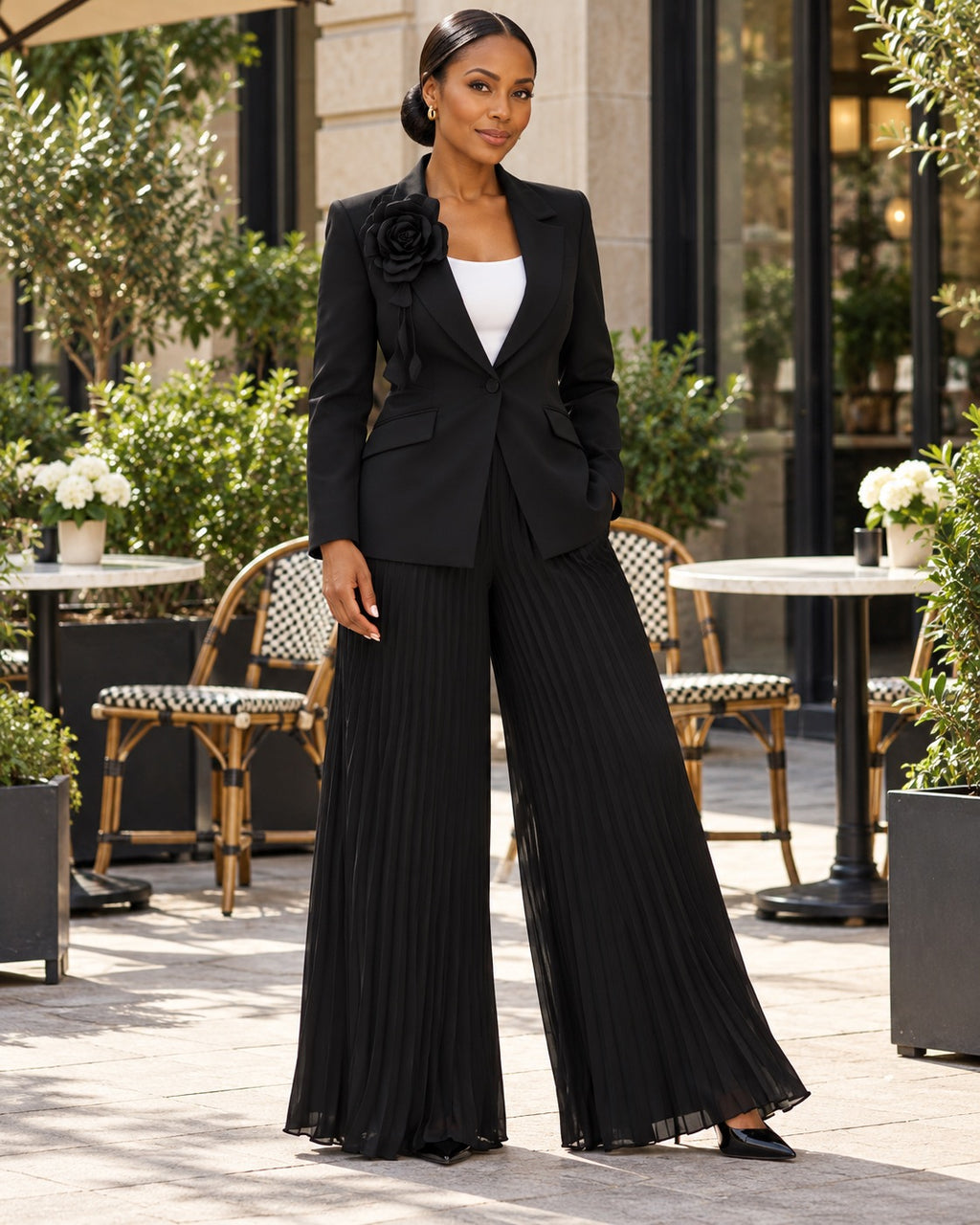 Executive Pleat Women’s Black Blazer and Pant Set